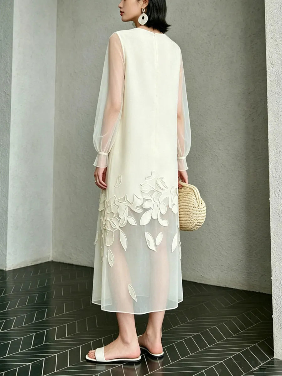 Women's Floral Pattern Art Casual Stylish Patchwork Sheer Long Sleeve Dress