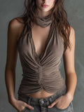 Vintage Bohemian Taupe Ribbed Knit Halter Neck Ruched Top