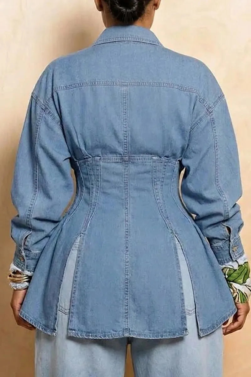 Women Fashion Handmade 3D Flower Fitted Waist Side Slit Long Denim Blouse