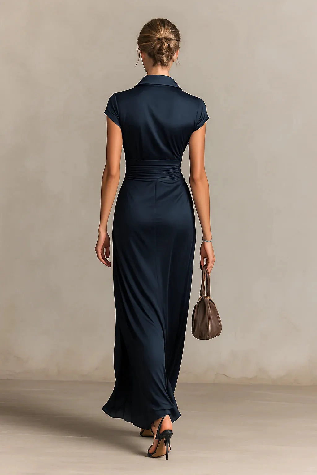 Satin Button Lapel Short Sleeve Waist Length Dress