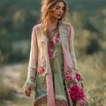 Vintage Boho Pink Roses Embroidered Floral Patchwork Linen Long Cardigan