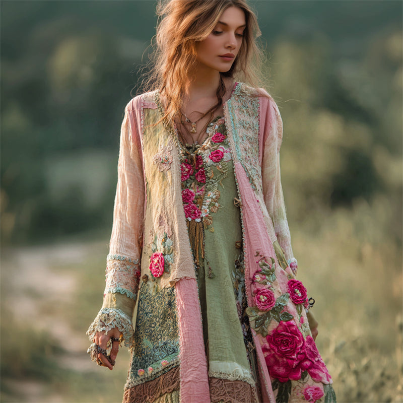 Vintage Boho Pink Roses Embroidered Floral Patchwork Linen Long Cardigan