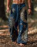 Men's casual star and moon 3D embroidered linen trousers ae13