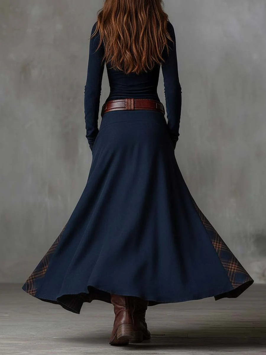 Navy Plaid Paneled Vintage Suede Maxi Dress(with belt)