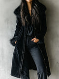 Elegant Tailoring Long Black Velvet Coat With Eco Fur Collar & Cuffs