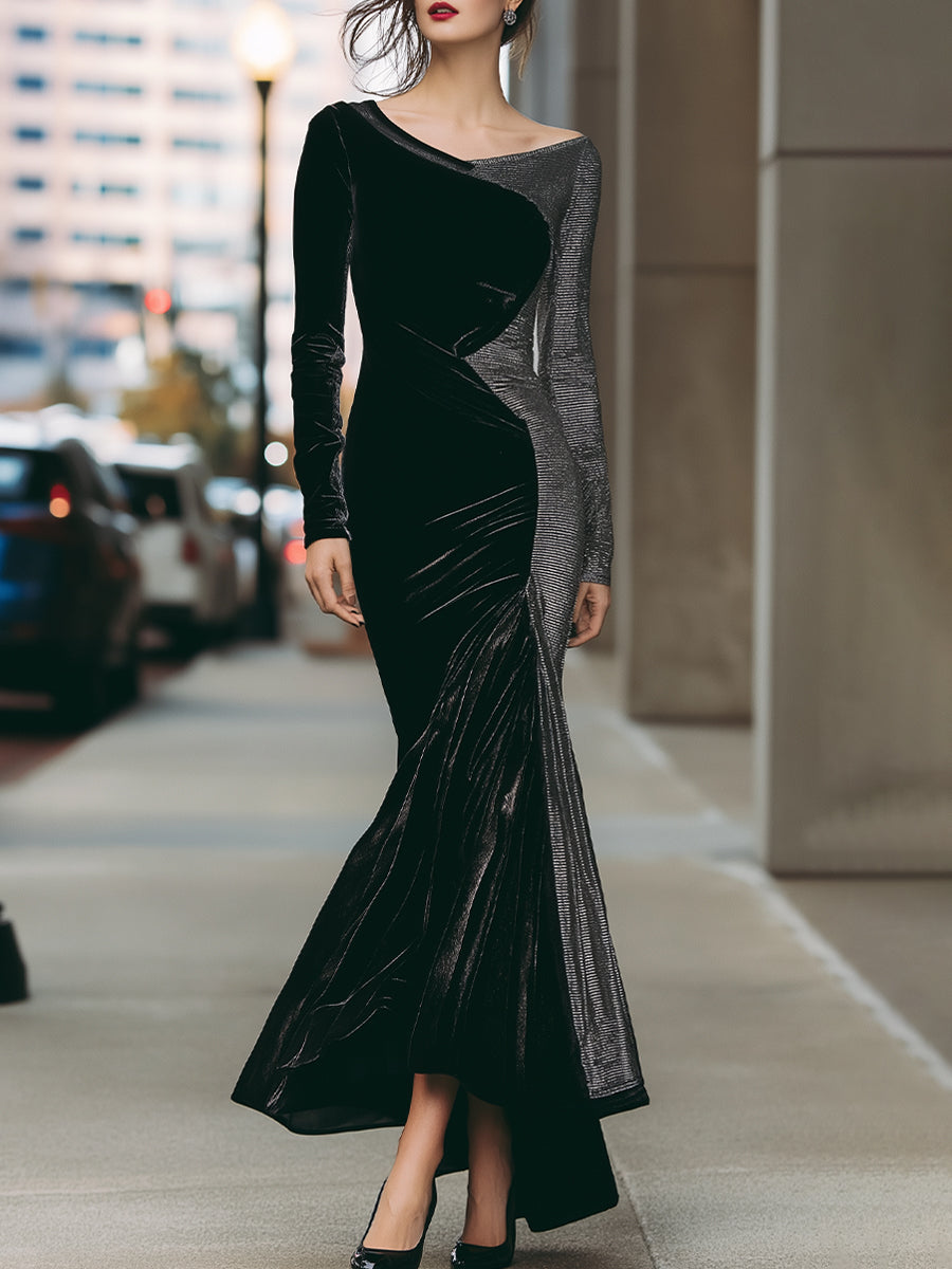 Monochrome Velvet Panel Gown With Asymmetric Design