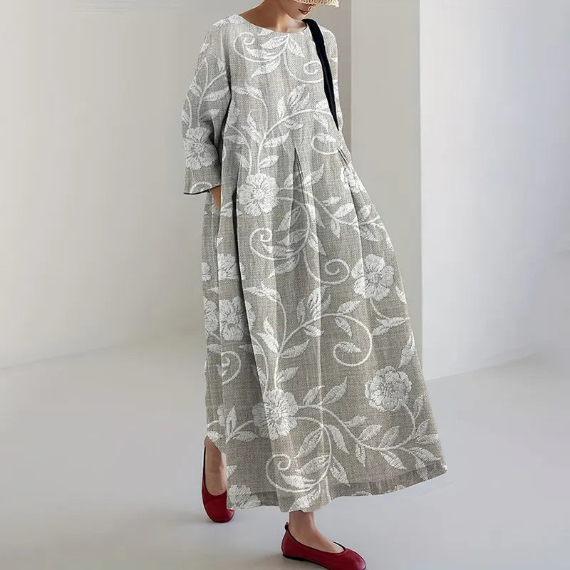 Floral Embroidery Print Long Sleeve Casual Midi Dress