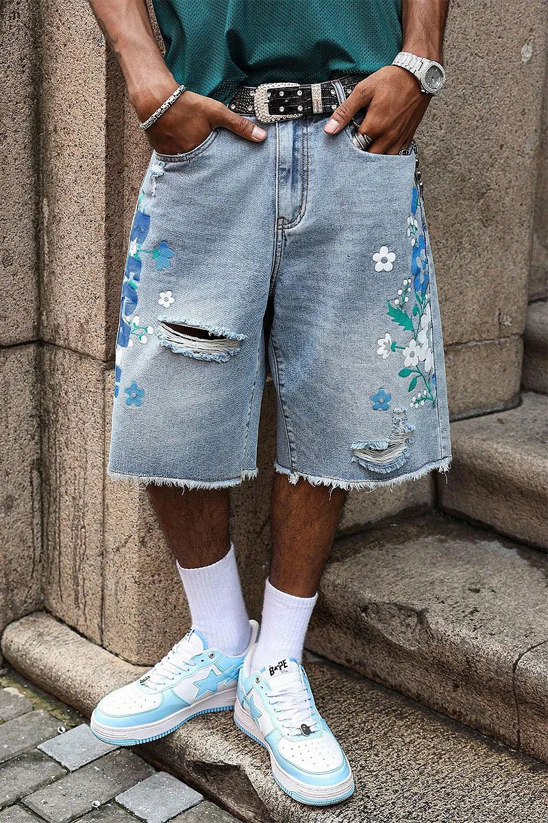 Men's Distressed Frayed Blue Flower Baggy Denim Jeans