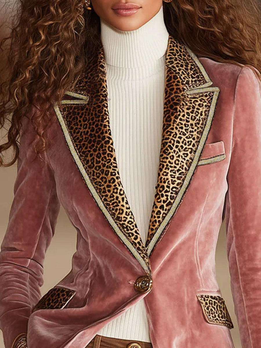 Pink Velvet Stitching Leopard Print One Button Blazer