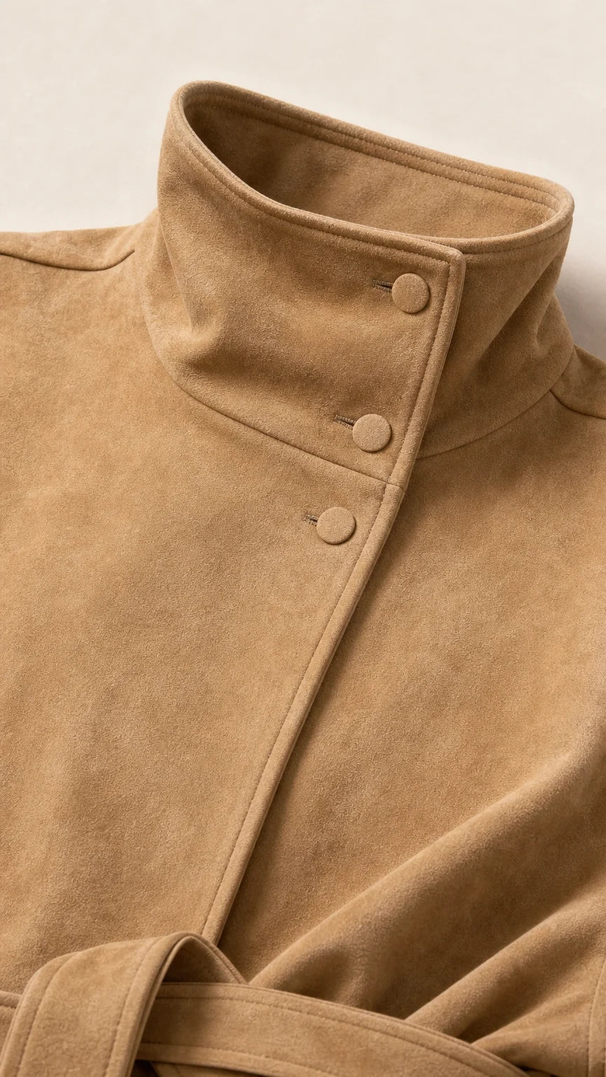 High Neck Belted Faux Suede Jacket with Tie Waist