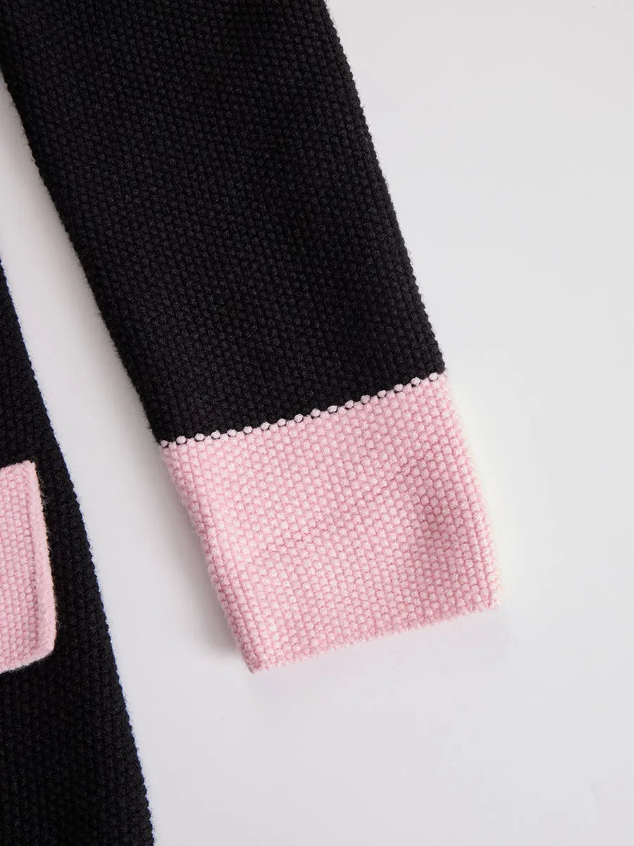 【24-hour shipping out】Black Contrast Pink Knitted Jacket And Skirt Set