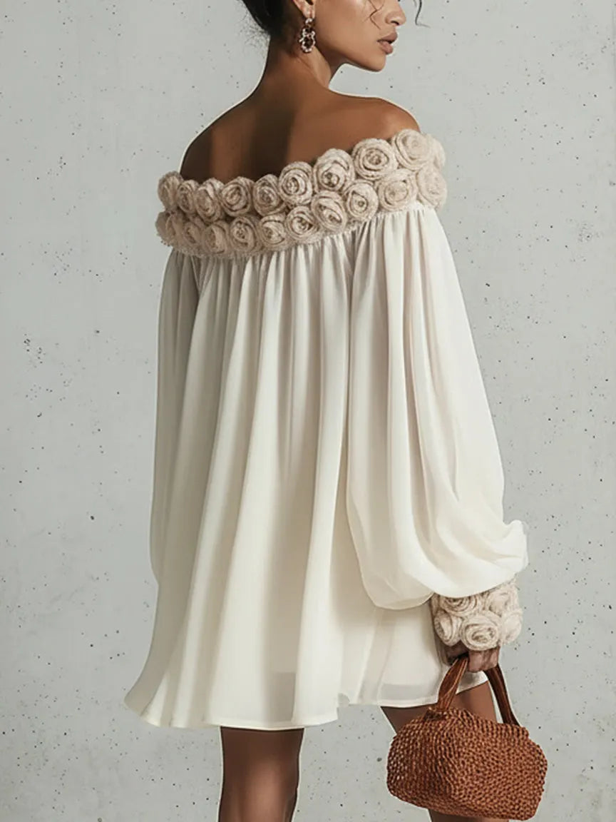 24-Hour-Shipping Cream 3D Floral Chiffon Zip Mini Dress