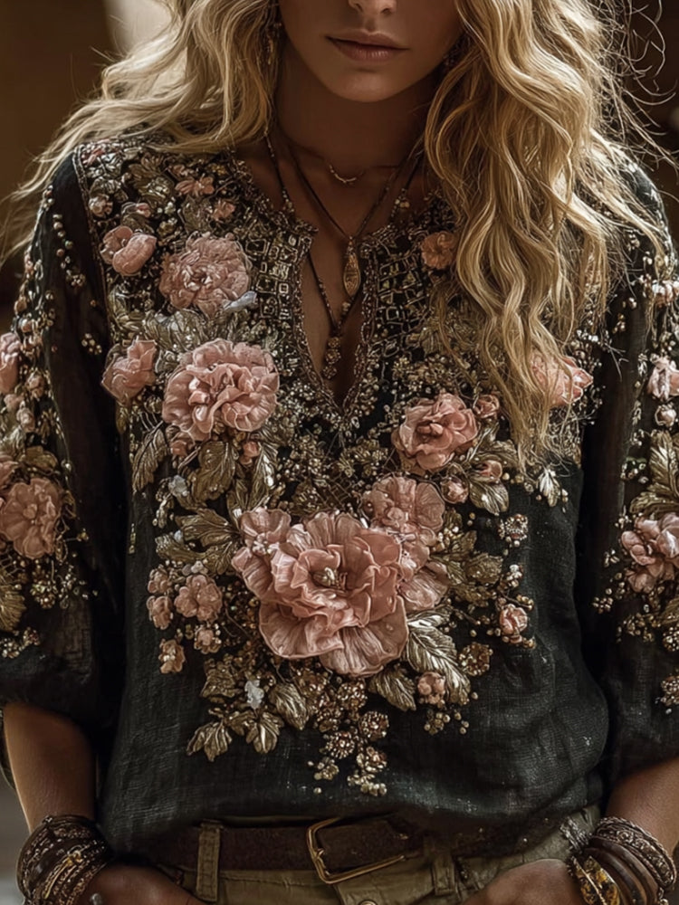 Bohemian Style Pink Flower Casual Long Sleeved Top