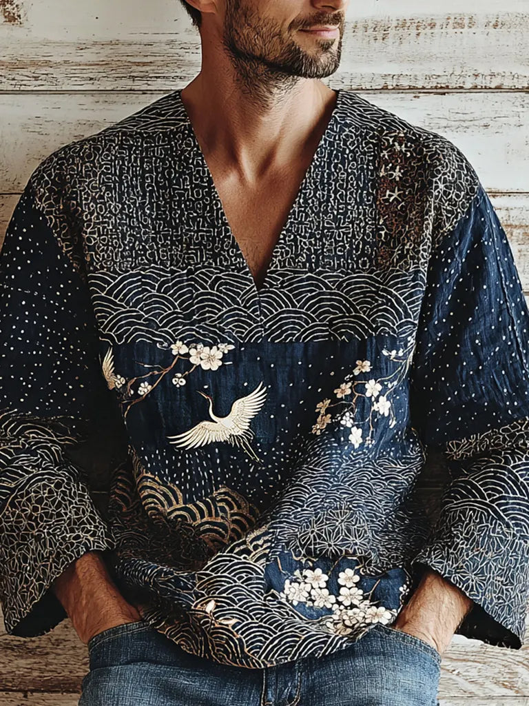 Men's Japanese Crane Pattern Linen Short-sleeve V-neck Shirt