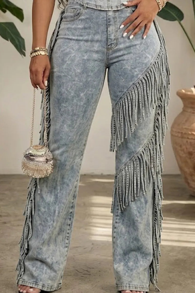 Women's Casual Strapless Fringed Denim Top Or Fringed Wide Leg Jeans