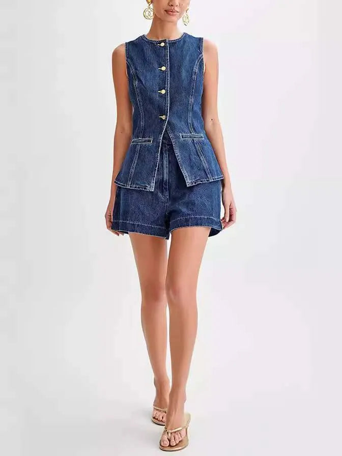 Minimalist Old Money Style Denim Vest And Shorts Suit