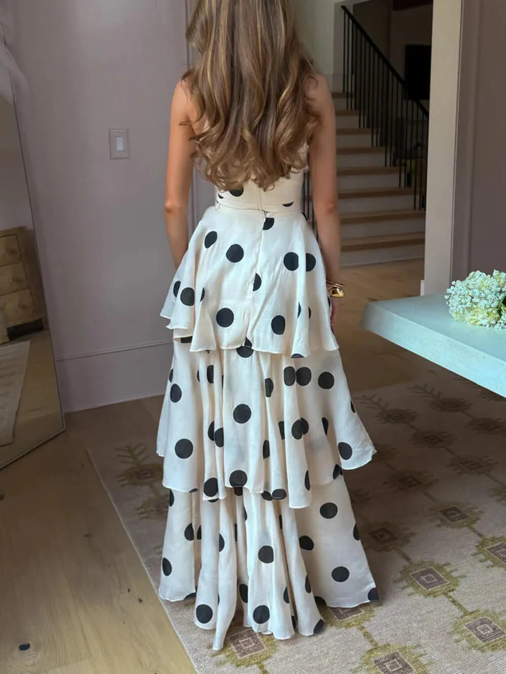 Exquisite Gift To You Polka Dot Print High Rise Layered Hem Maxi Skirt
