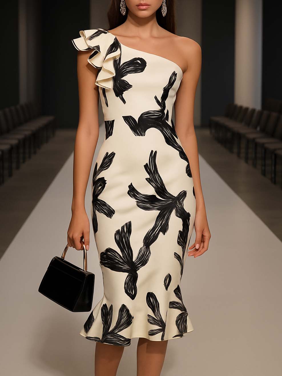 24-Hour-Shipping Off Shoulder Biege Midi Bodycon Dress With Black Elegant Print