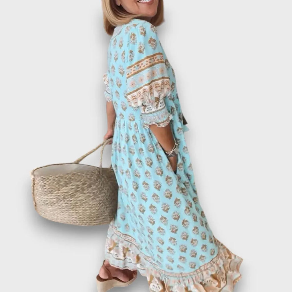 Airy Boho Dress with 3/4 Sleeves and Laced V-Neck