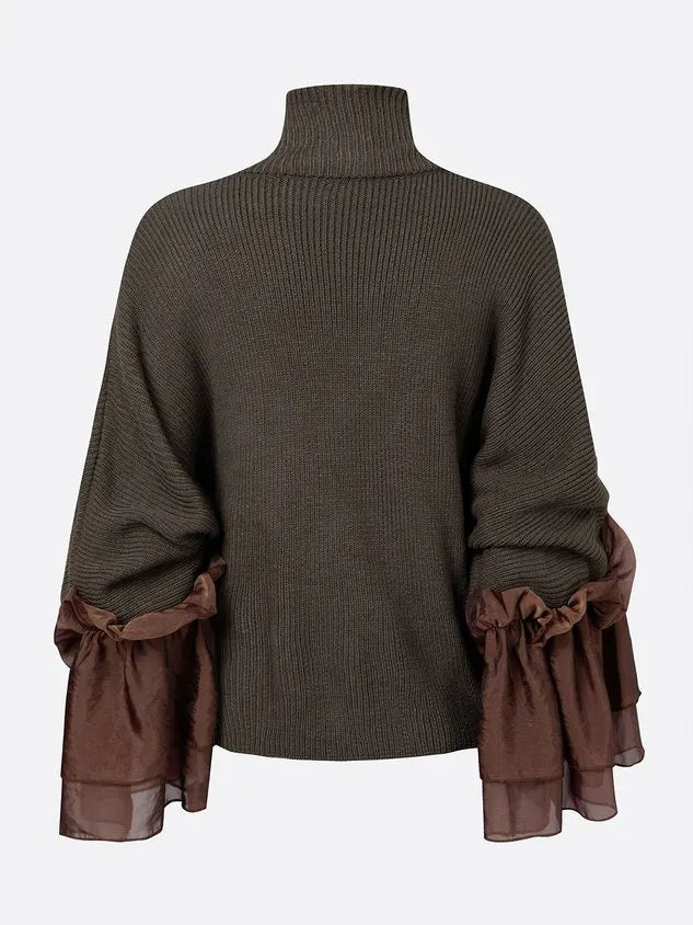 Casual Color Block Turtleneck Sweater with Sheer Ruffle Cuffs