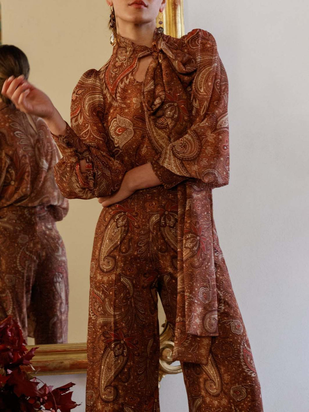Retro Paisley Print Slim-Fit Wide-Leg Pants