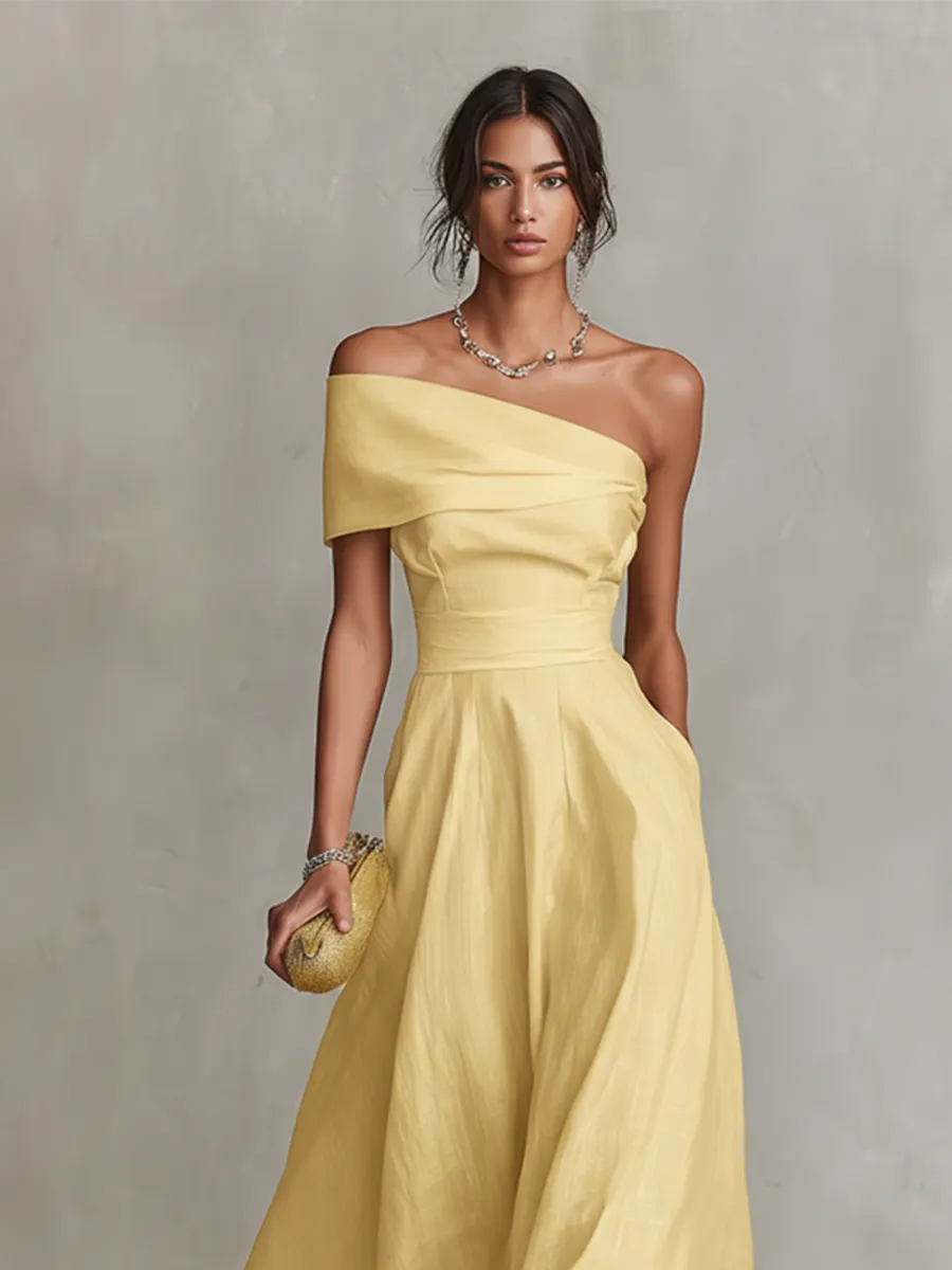 Women's Yellow Linen Dress With One-Shoulder Neckline & Fitted Waist, Timeless Elegant-Chic Style Dress MDZ2630B3I