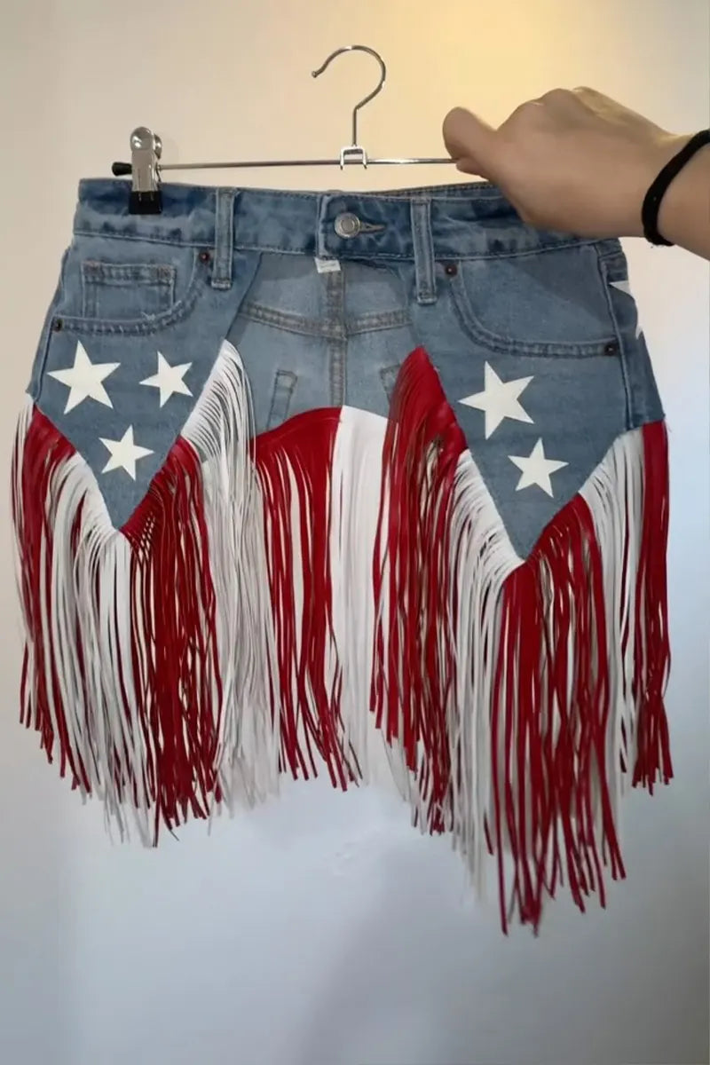 Women's USA Flag Denim Shorts with Red White Blue Fringe Detail