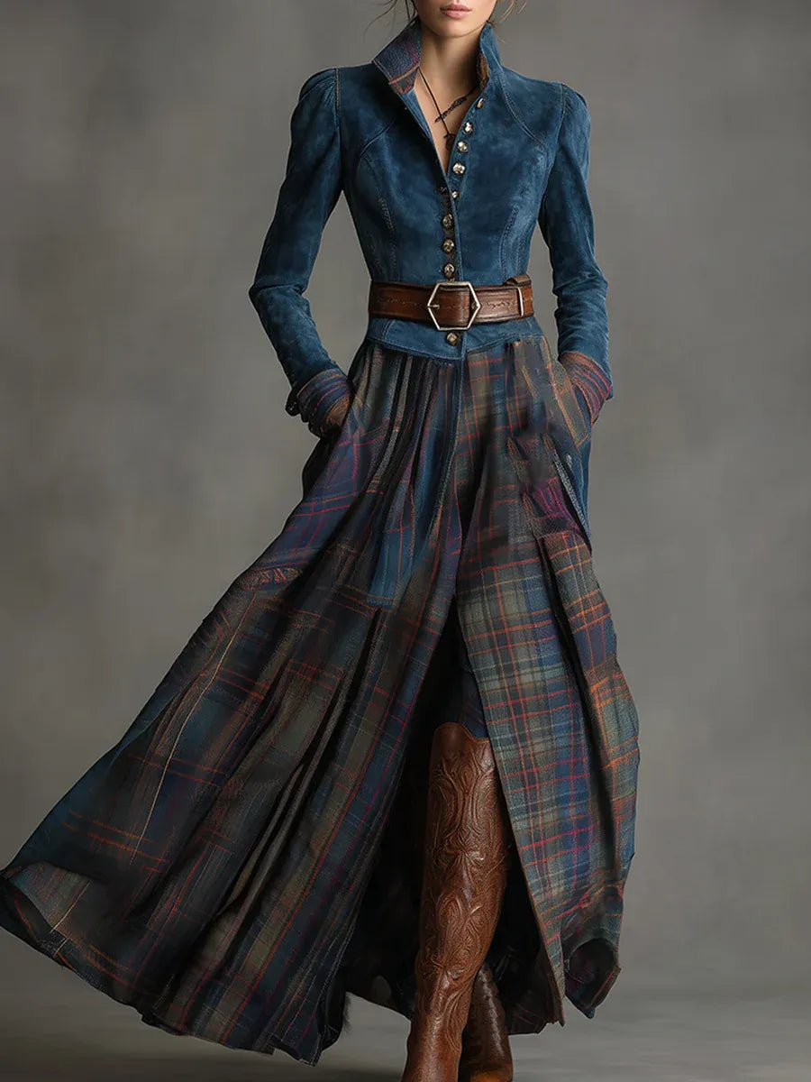 Retro Ethnic Style Blue Faux Suede Plaid Maxi Dress(Includes belt)