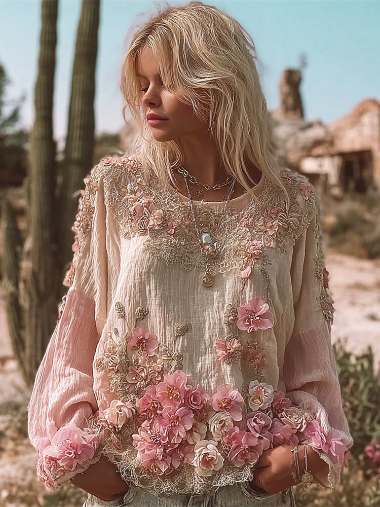 Vintage Floral Lace Embroidered Boho Women's Linen Long Sleeve Shirt