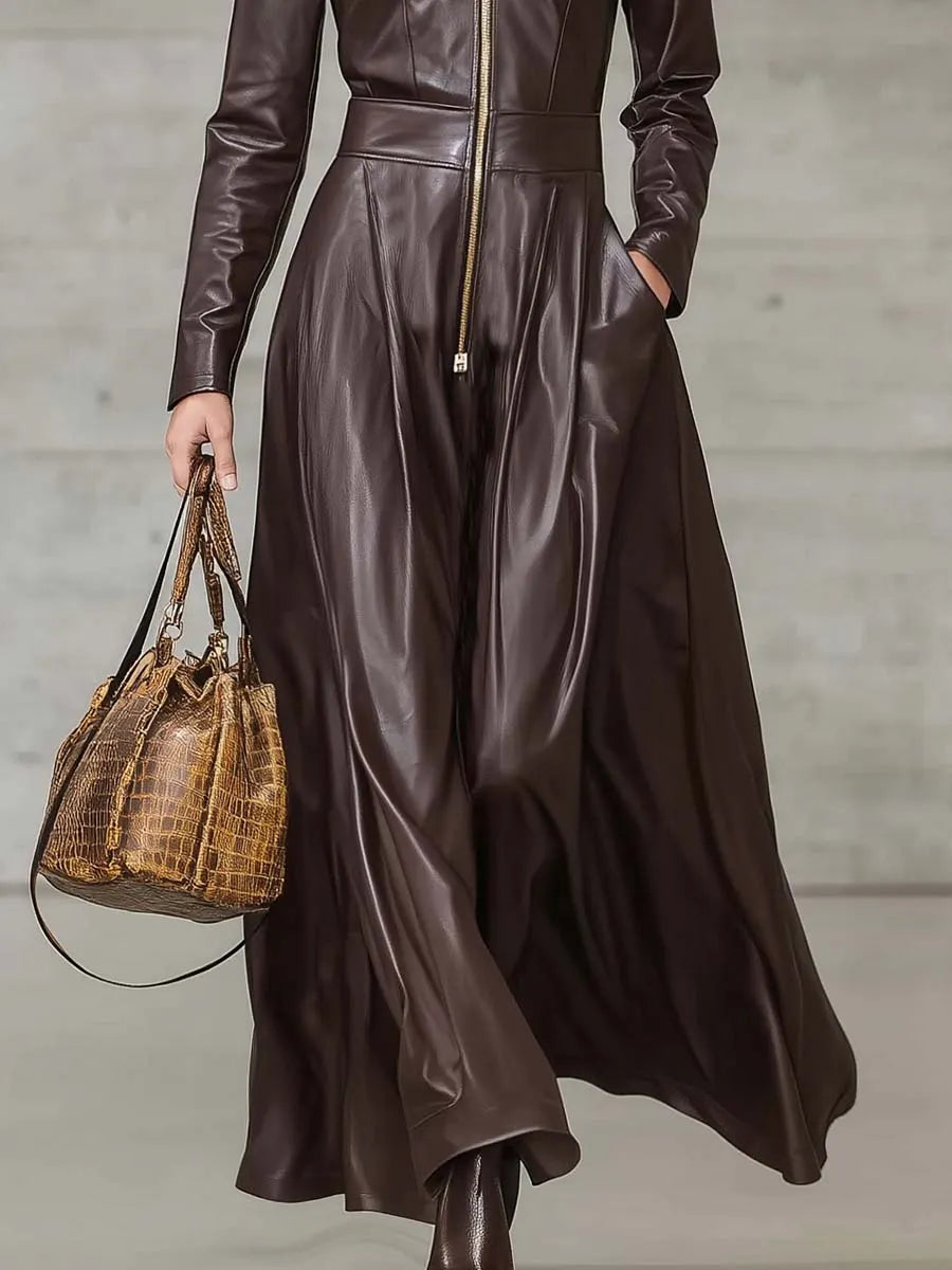 Exquisite Temperament Front Zipper Long Sleeve High-quality Brown Leather Maxi Dress