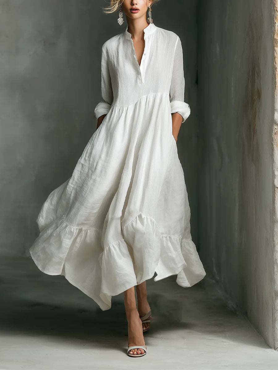 White Long-sleeved Ruffled Maxi Dress