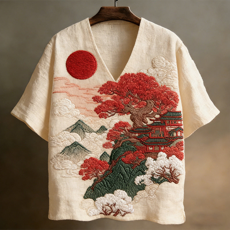Men's Japanese-style Landscape Pattern Short-sleeved V-neck Shirt