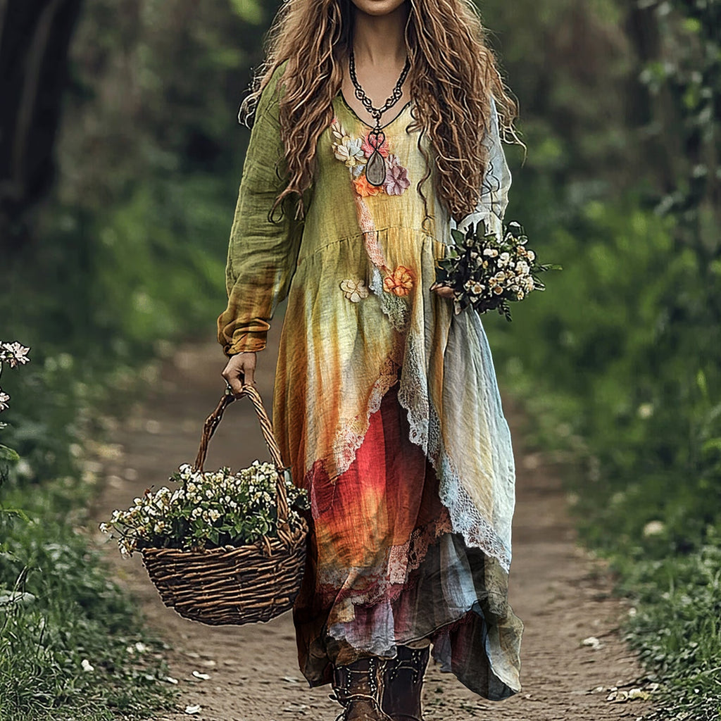 Women's Vintage Gradient Floral Patchwork Comfy Midi Dress
