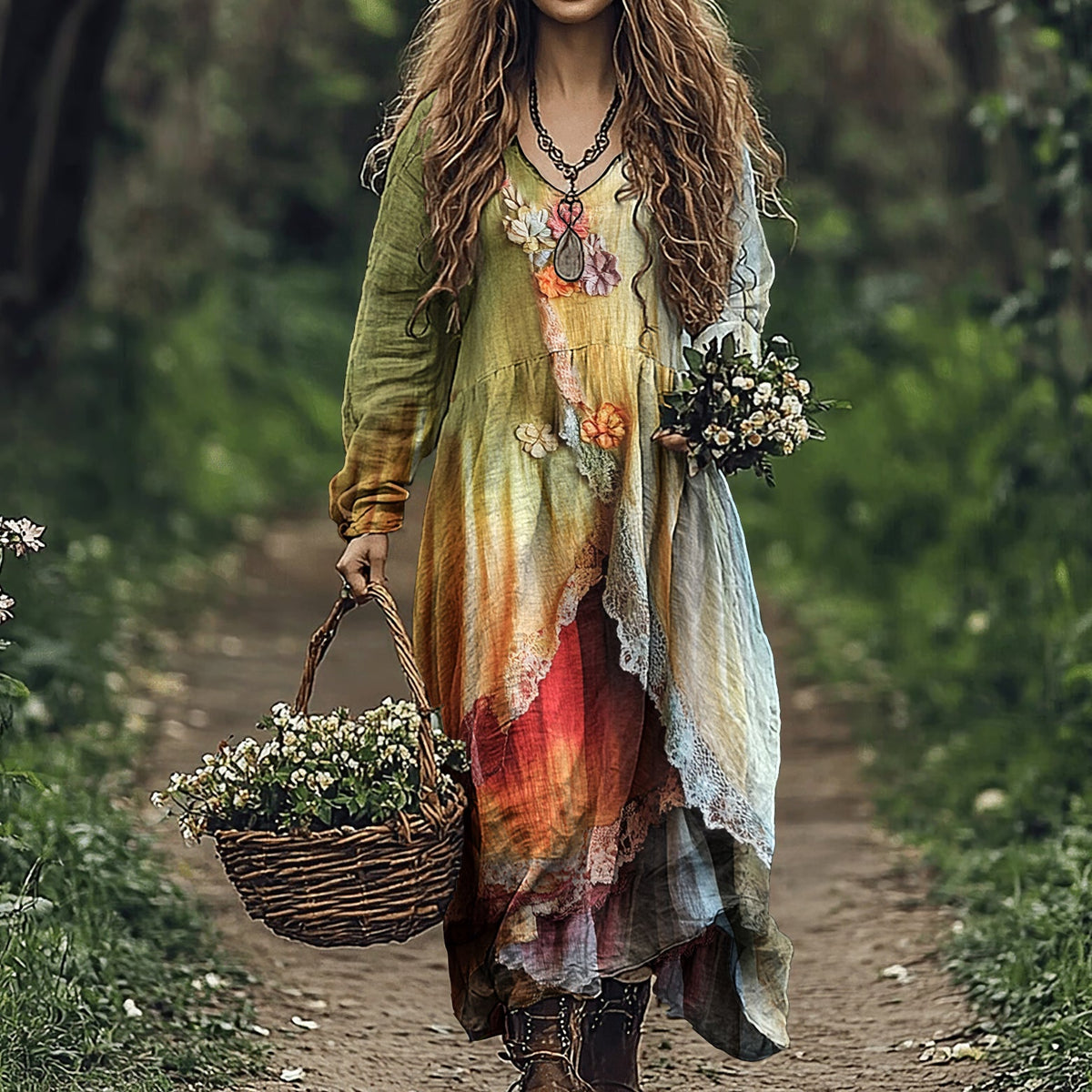 Women's Vintage Gradient Floral Patchwork Comfy Midi Dress