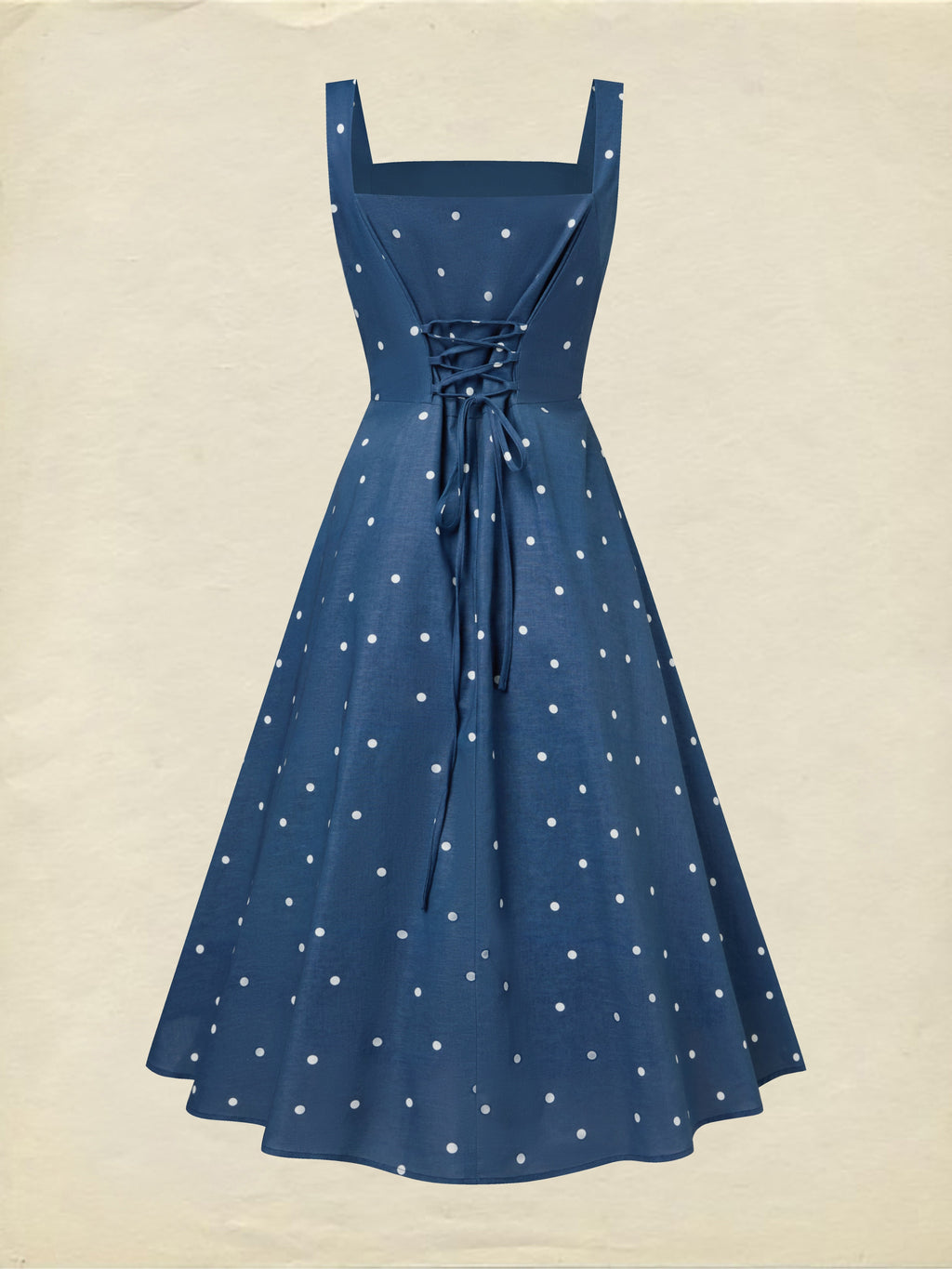 Midi Cotton Dress, Sleeveless, Square Neck, Polka Dots, Pocket Design, French Vintage, Deep Blue