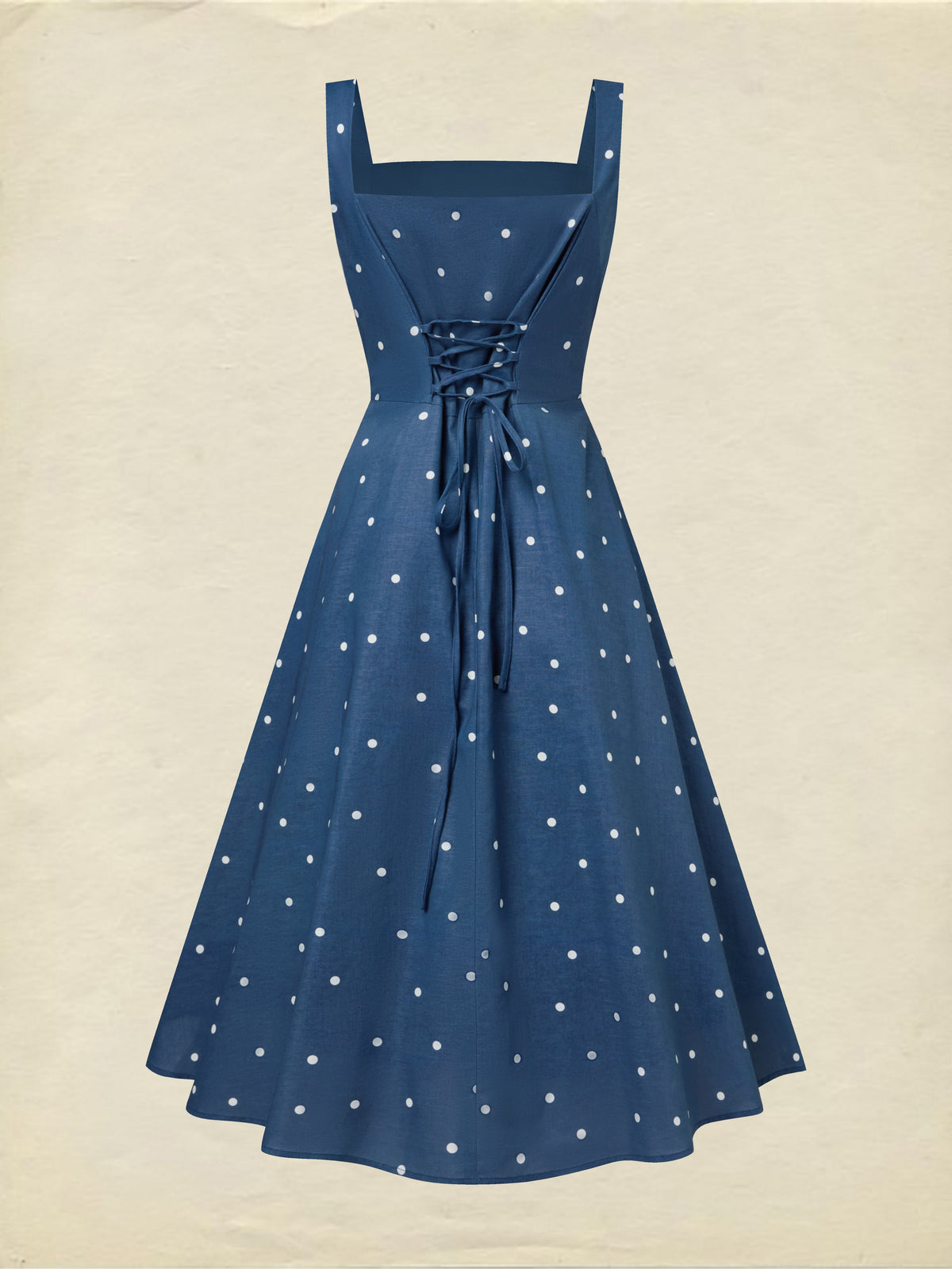 Midi Cotton Dress, Sleeveless, Square Neck, Polka Dots, Pocket Design, French Vintage, Deep Blue