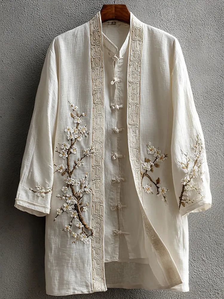 Men's Vintage Japanese Cherry Blossom Art  Linen Blend Kimono