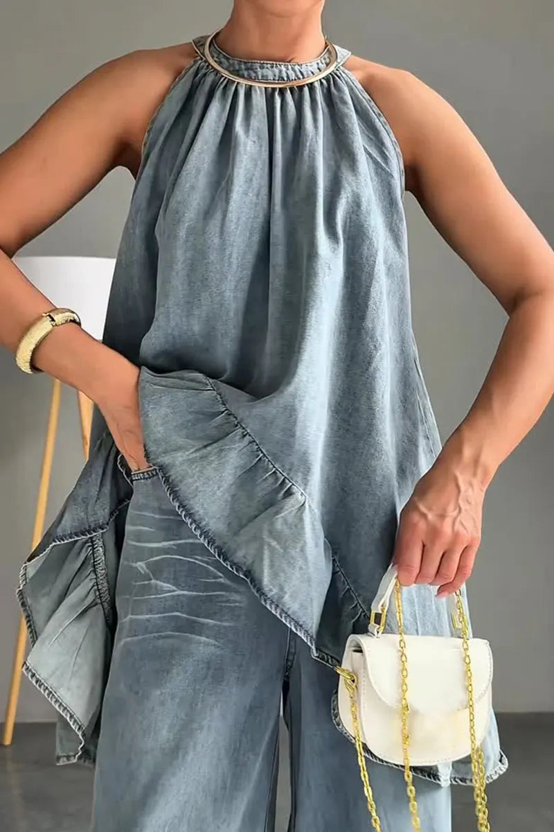 Women'sHalter Ruffle Asymmetrical Top Or Wide Leg Denim Pants