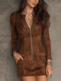 Vintage Caramel Brown Lace Trim And Zip Front Suede Mini Dress