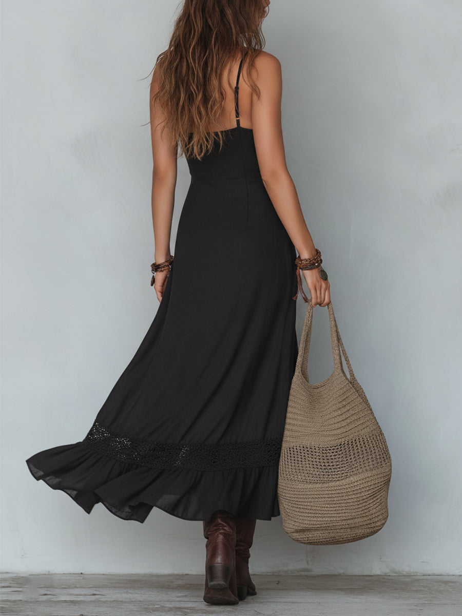 Retro Tencel Lace Trimmed Irregular Hem Maxi Dress