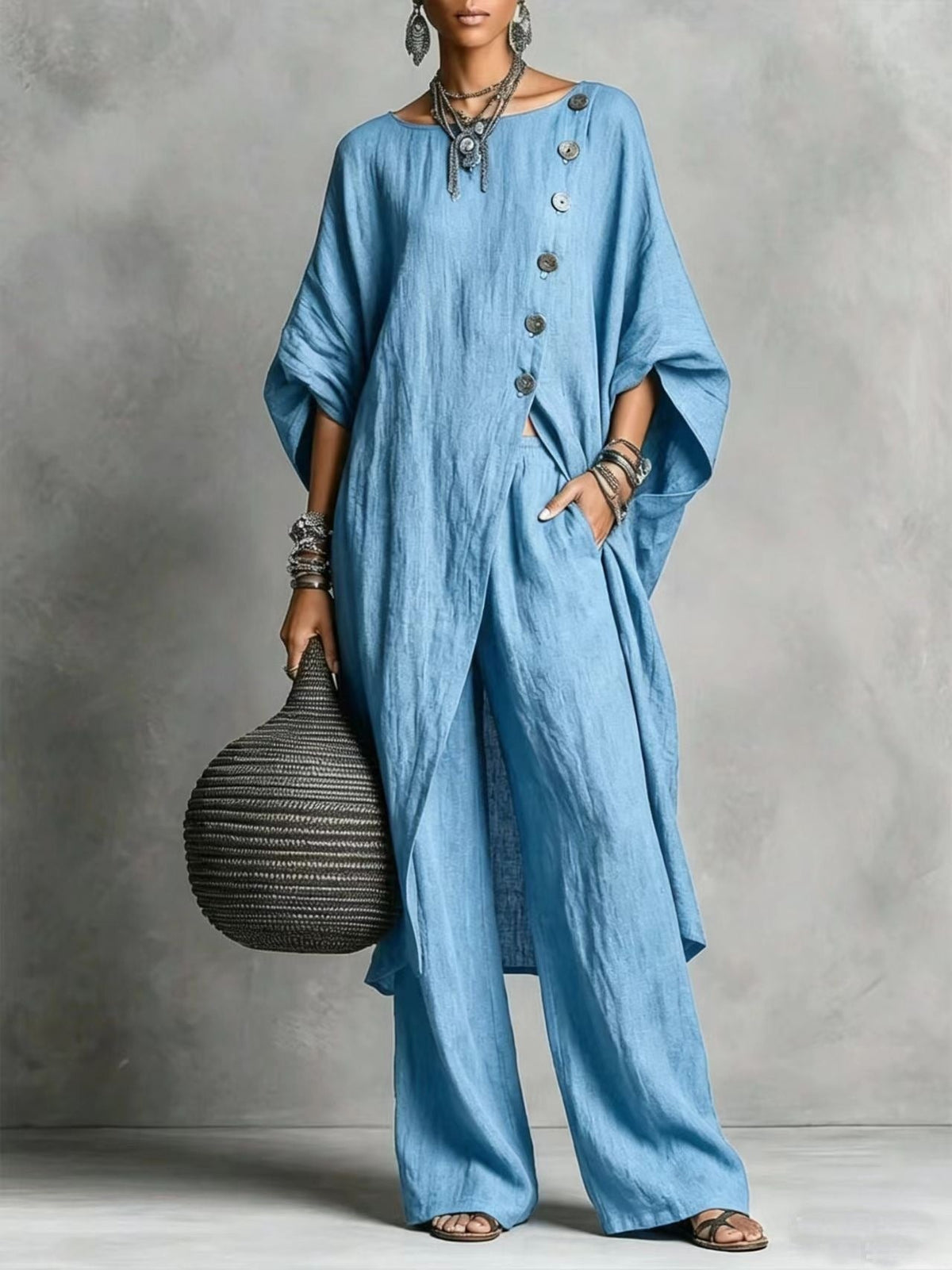 Linen Oversized Tunic & Wide‐Leg Pants Co‐Ord Set