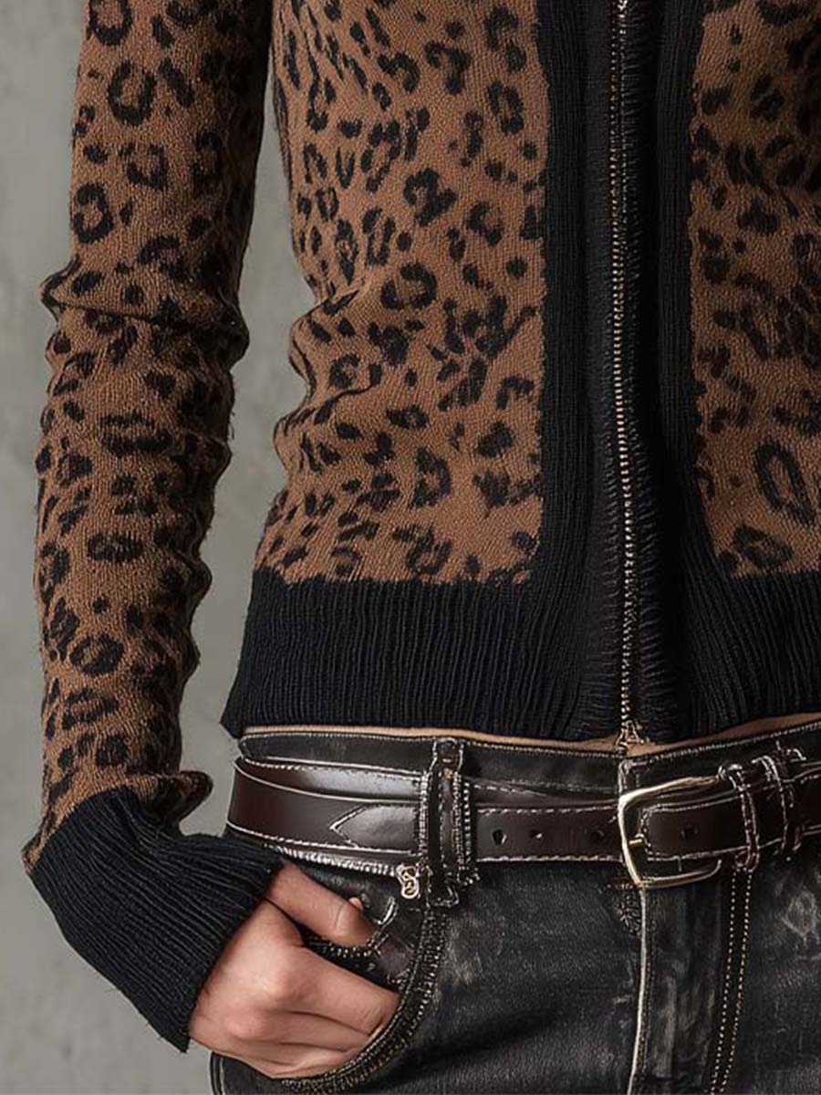 Vintage Leopard Print Slim Fit Zip Cardigan