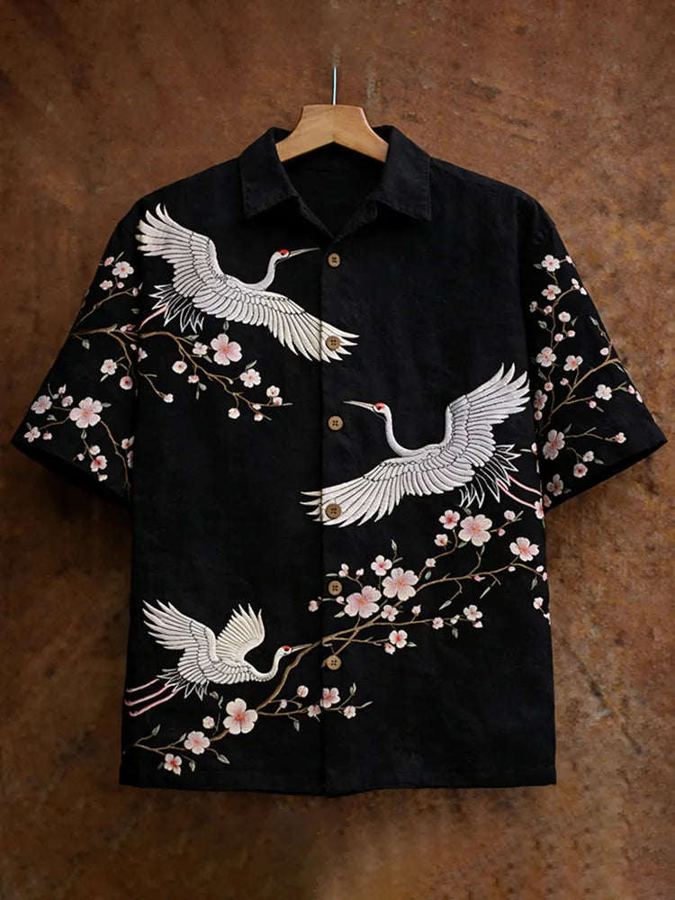 Men's Japanese-style Cherry Blossoms And Cranes Art Linen Short-sleeved Shirt