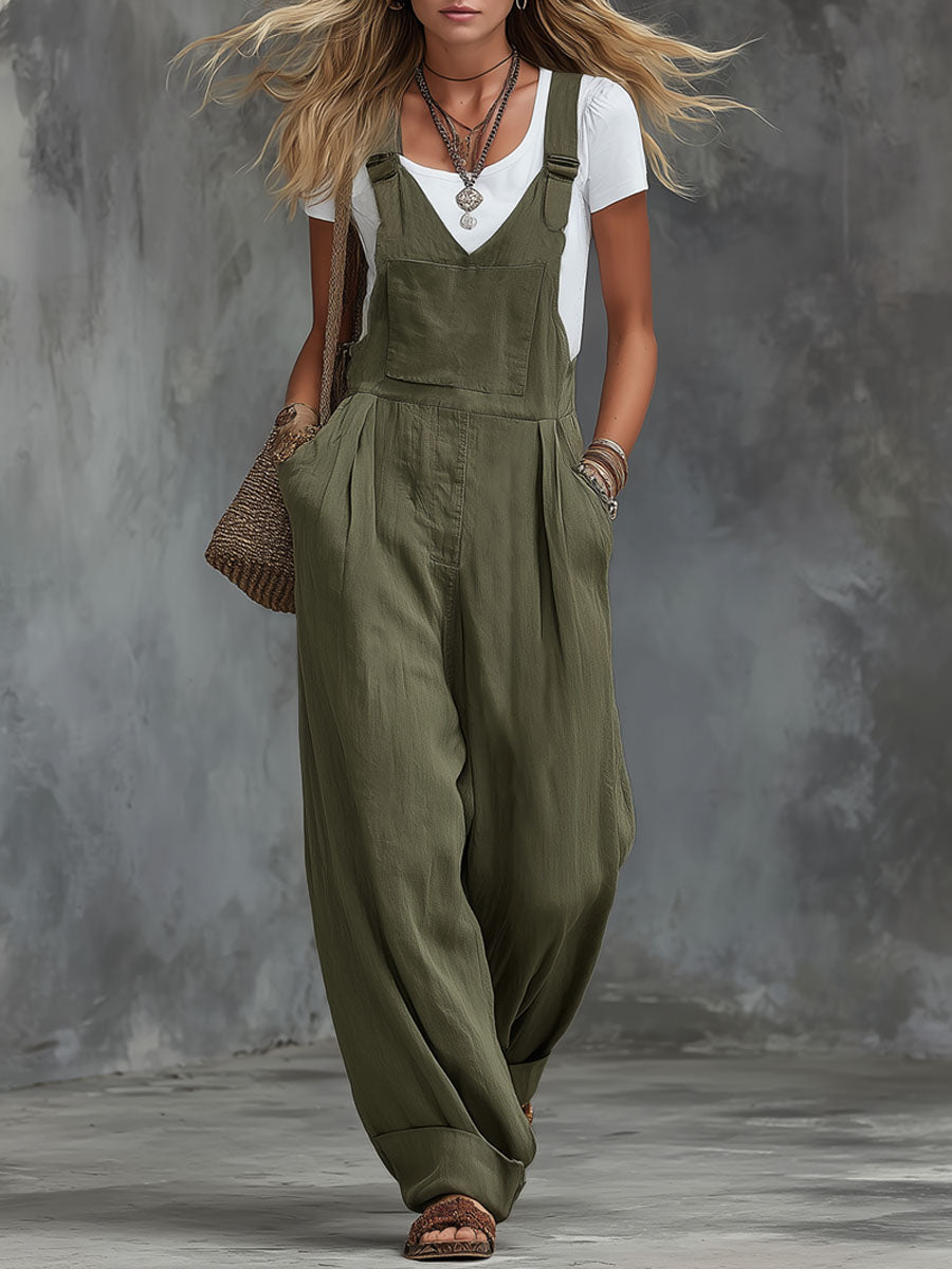 Army Green Adjustable Cotton And Linen Wide-leg Overalls
