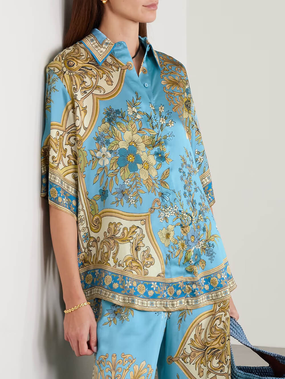 Unique Casual Floral Print Satin Elastic-Waist Pockets Wide-Leg Pants