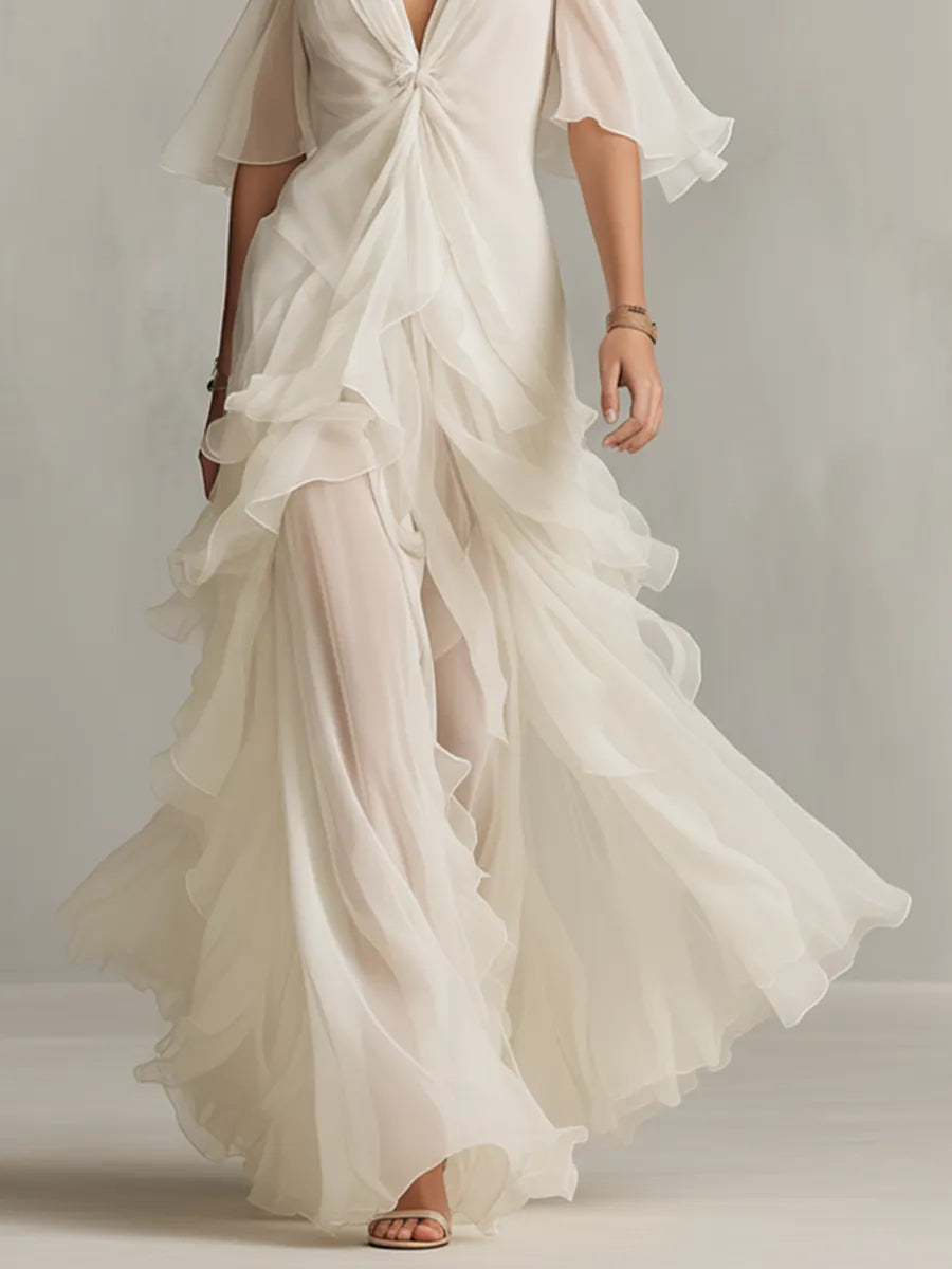 Women's Ivory Chiffon Dress With Twisted Bodice & Cold-Shoulder Sleeves, Timeless Romantic-Elegant Style Dress MDZ2783B3I