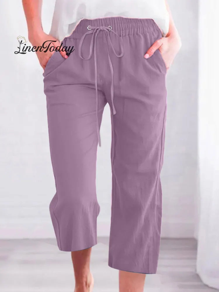 Women's Casual Summer Linen Pants High Waisted Loose Yoga Sweatpants Crop Pants with Pockets