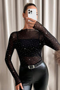 Ladies Sheer Mesh Top With Crystal Embellishments