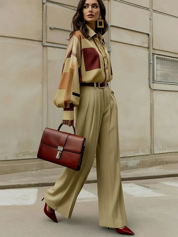 Long Sleeves Loose Buttoned Contrast Color Plaid Lapel Blouses&Shirts Tops