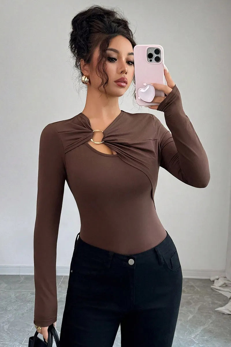 Lady's Asymmetric Hollow-Out Metal Decoration Top
